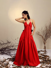 Women Red Poplin Back Bow Strappy Maxi Dress-SFDRSS13254