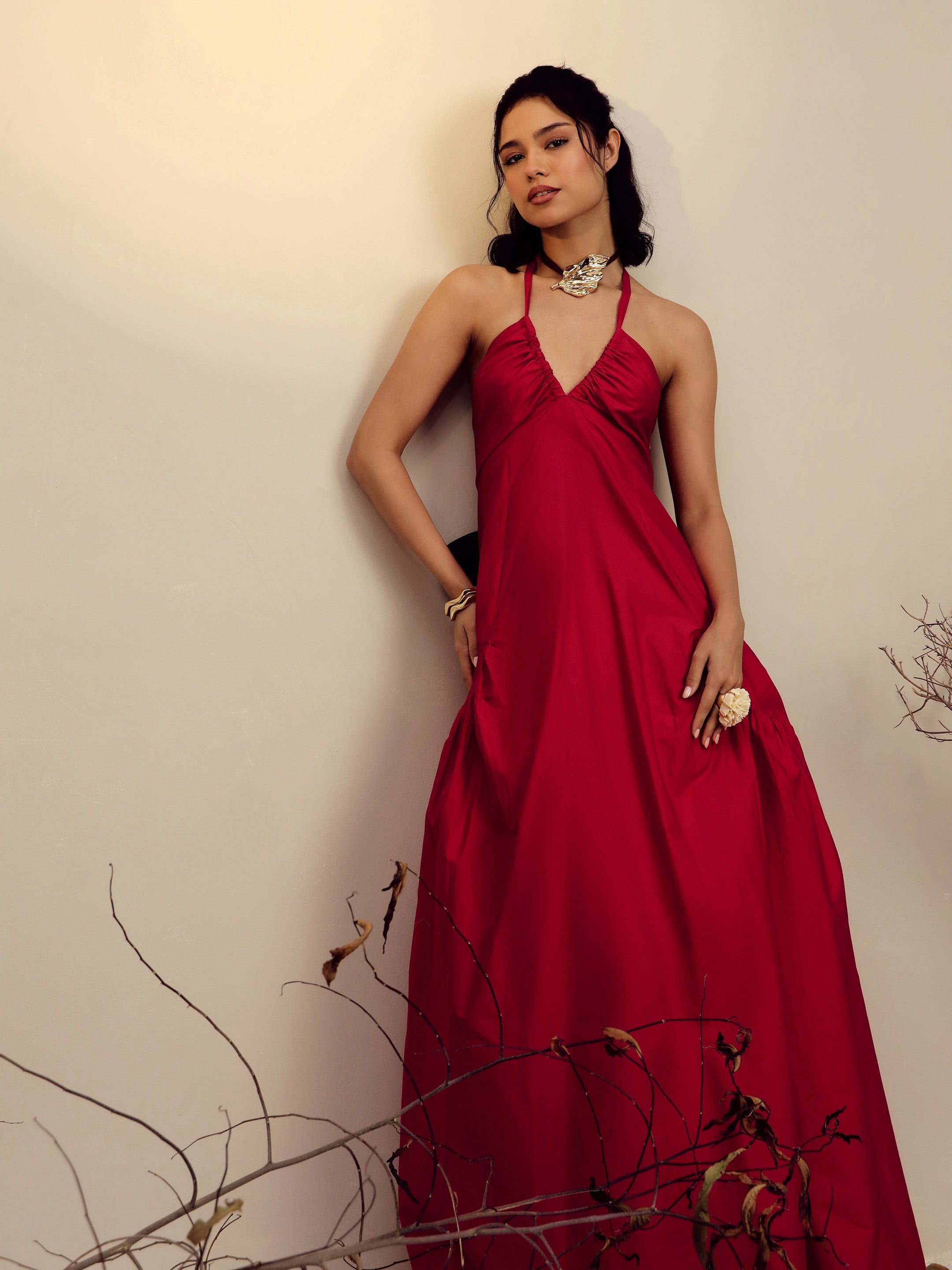 Women Red Poplin Back Bow Strappy Maxi Dress-SFDRSS13254