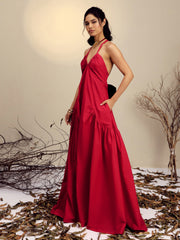 Women Red Poplin Back Bow Strappy Maxi Dress-SFDRSS13254