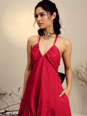 Women Red Poplin Back Bow Strappy Maxi Dress-SFDRSS13254