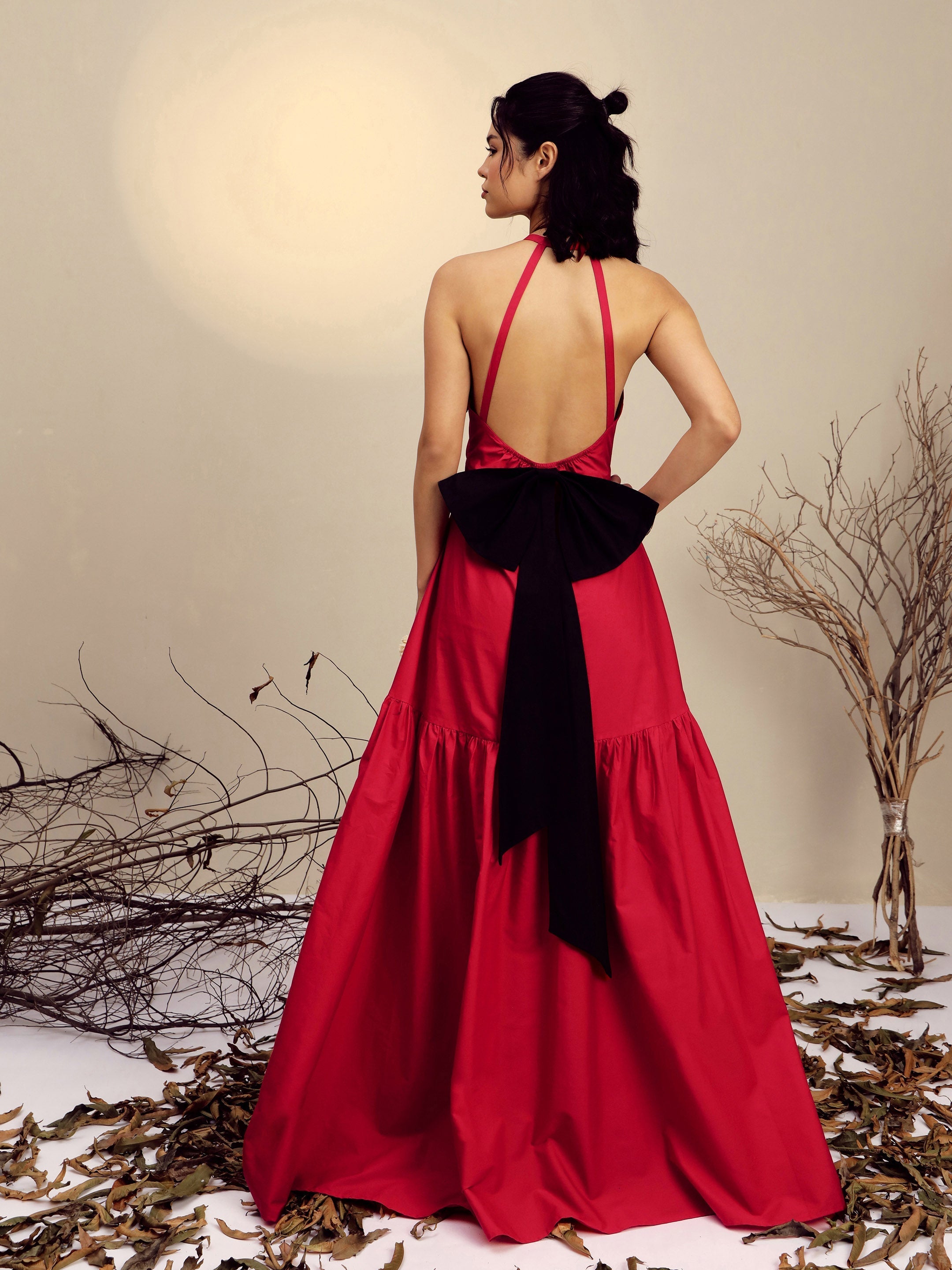 Women Red Poplin Back Bow Strappy Maxi Dress-SFDRSS13254