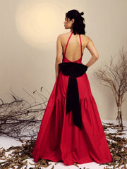 Women Red Poplin Back Bow Strappy Maxi Dress-SFDRSS13254