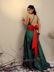 Women Green Poplin Back Bow Strappy Maxi Dress-SFDRSS13255