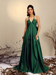 Women Green Poplin Back Bow Strappy Maxi Dress-SFDRSS13255