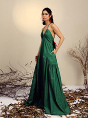 Women Green Poplin Back Bow Strappy Maxi Dress-SFDRSS13255