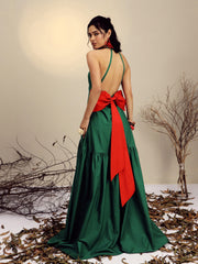 Women Green Poplin Back Bow Strappy Maxi Dress-SFDRSS13255