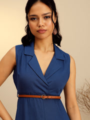 Women Navy Notch Collar Front Slit Midi Dress-SFDRSS13268