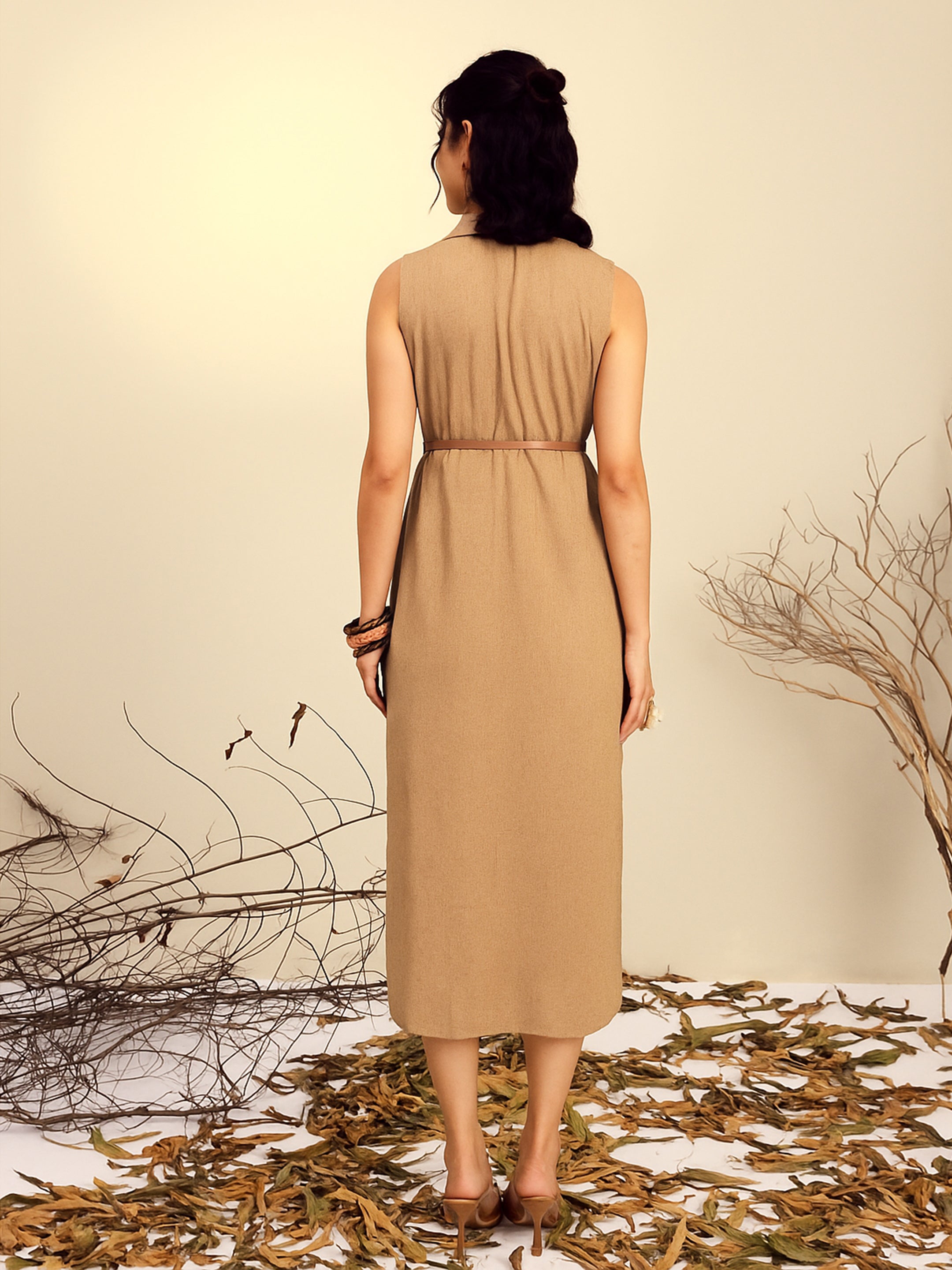 Women Beige Notch Collar Front Slit Midi Dress-SFDRSS13269