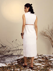 Women White Notch Collar Front Slit Midi Dress-SFDRSS13270