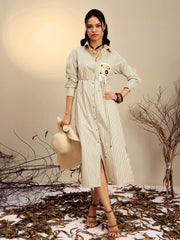 Women Yellow Striped Shirt Dress-SFDRSS13271