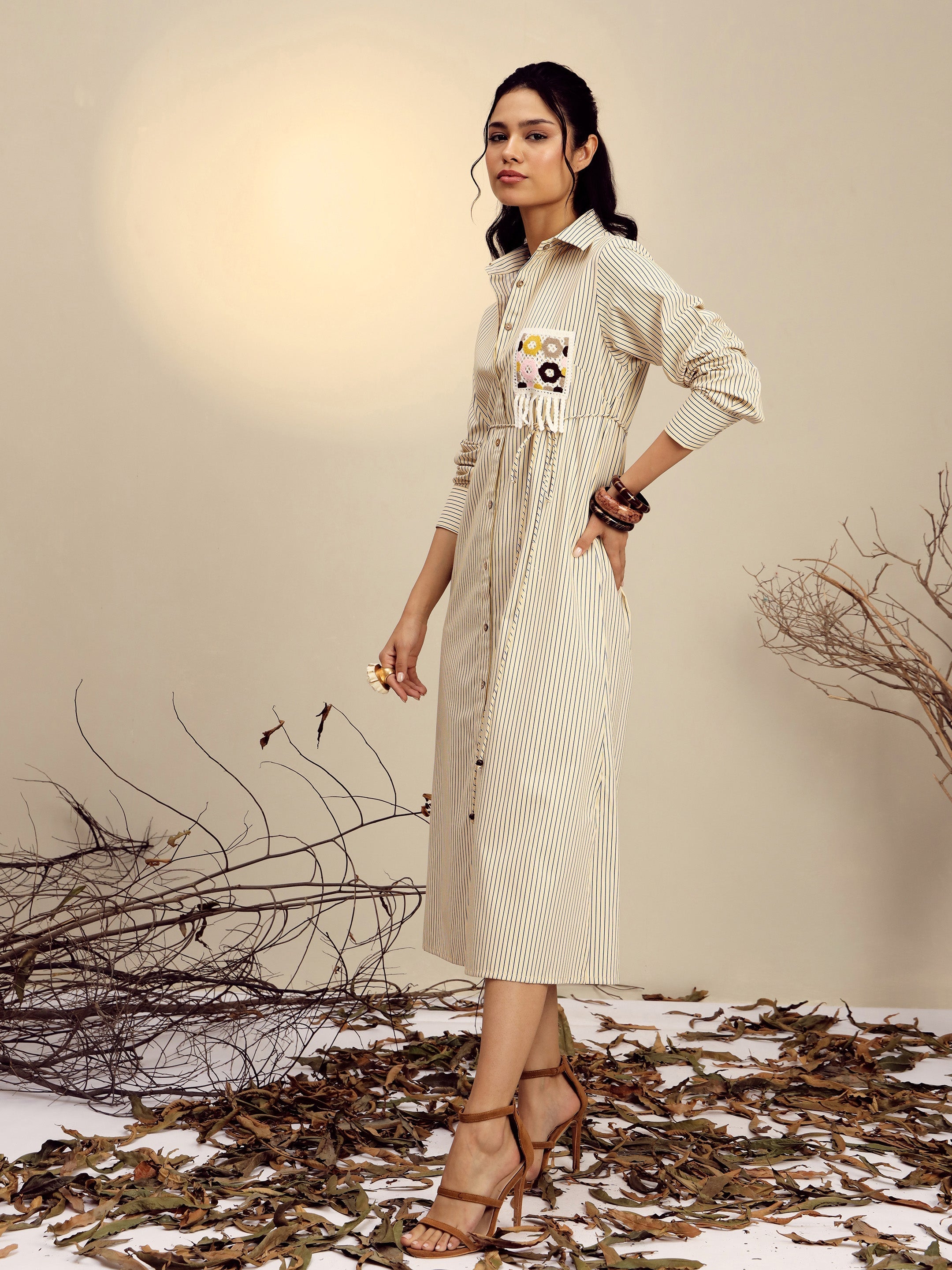 Women Yellow Striped Shirt Dress-SFDRSS13271