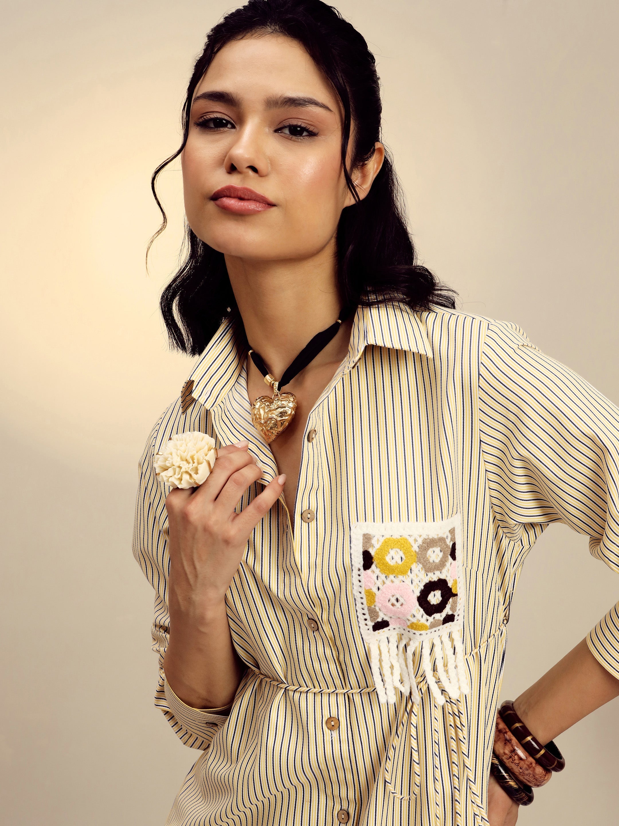 Women Yellow Striped Shirt Dress-SFDRSS13271