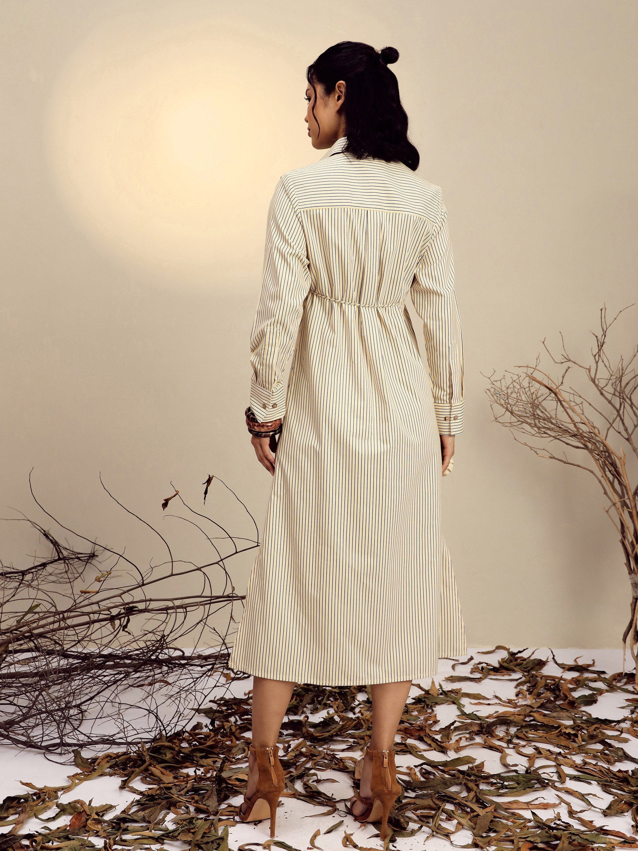 Women Yellow Striped Shirt Dress-SFDRSS13271