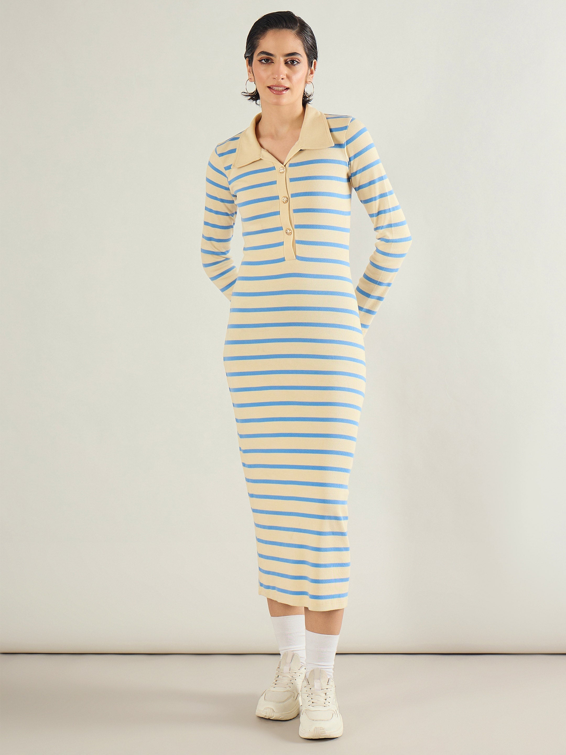 Women Blue & Off-White Stripe Full Sleeve Midi Dress-SFDRSS13283