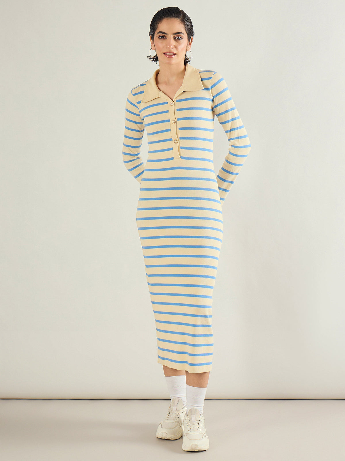 Women Blue & Off-White Stripe Full Sleeve Midi Dress-SFDRSS13283