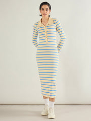 Women Blue & Off-White Stripe Full Sleeve Midi Dress-SFDRSS13283