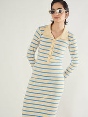 Women Blue & Off-White Stripe Full Sleeve Midi Dress-SFDRSS13283