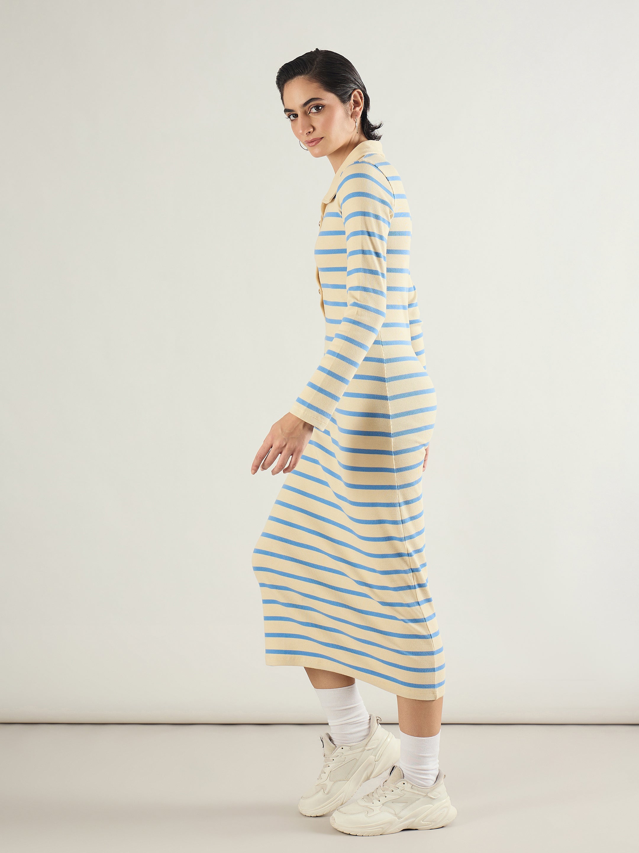 Women Blue & Off-White Stripe Full Sleeve Midi Dress-SFDRSS13283
