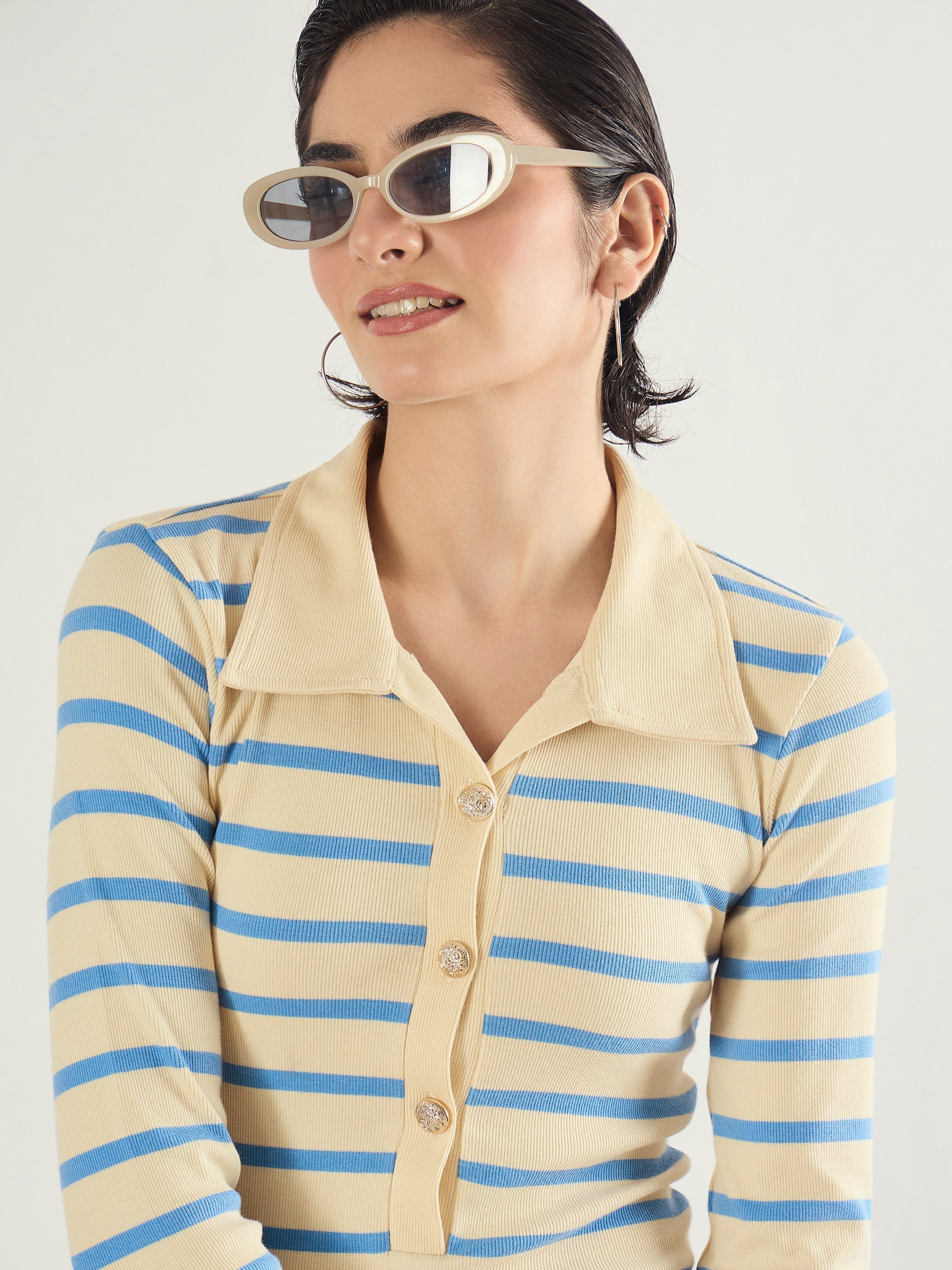 Women Blue & Off-White Stripe Full Sleeve Midi Dress-SFDRSS13283