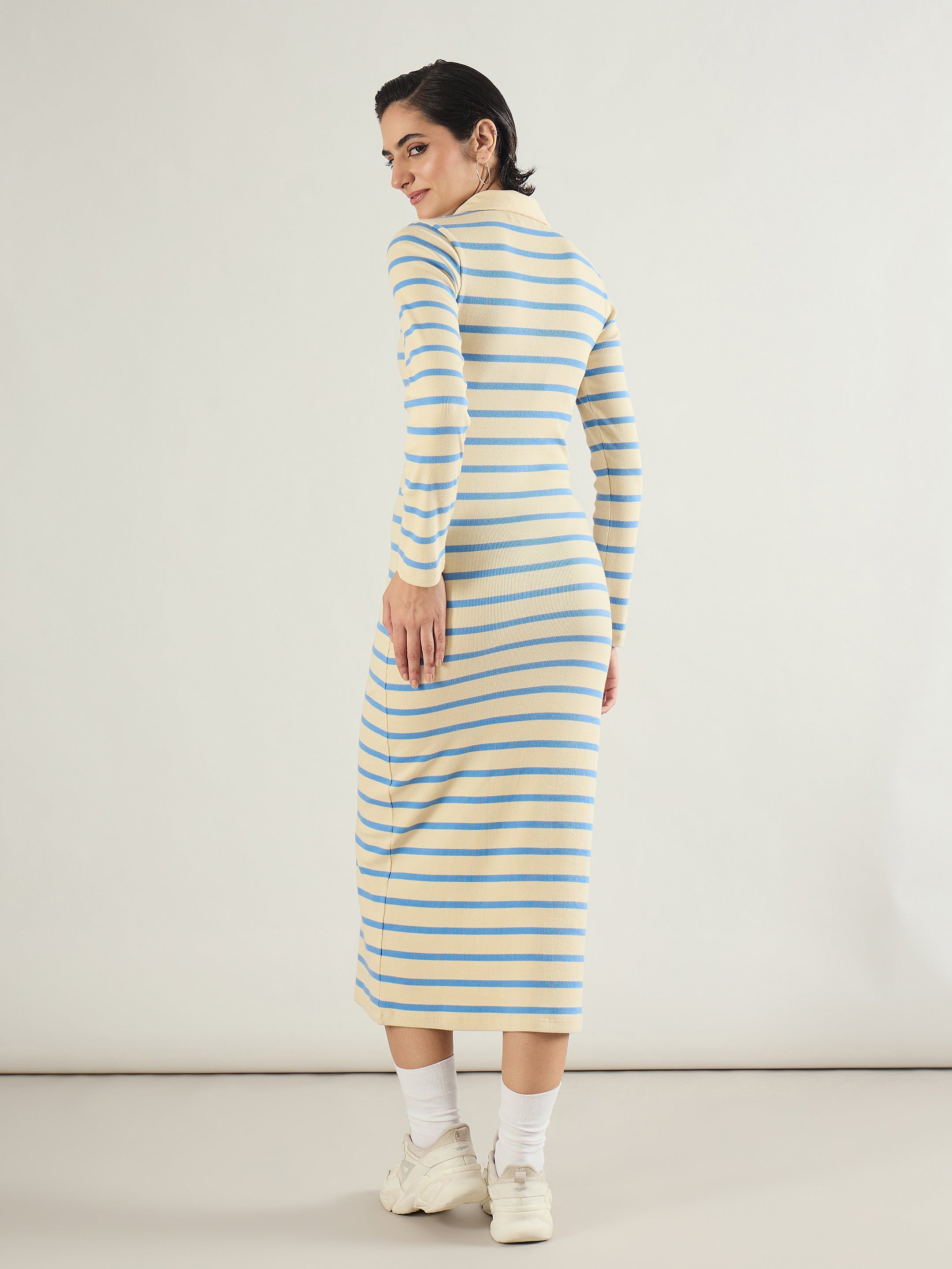 Women Blue & Off-White Stripe Full Sleeve Midi Dress-SFDRSS13283