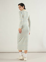 Women Blue & Off-White Stripe Full Sleeve Midi Dress-SFDRSS13283