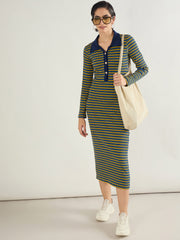 Women Yellow & Blue Stripe Full Sleeve Midi Dress-SFDRSS13284