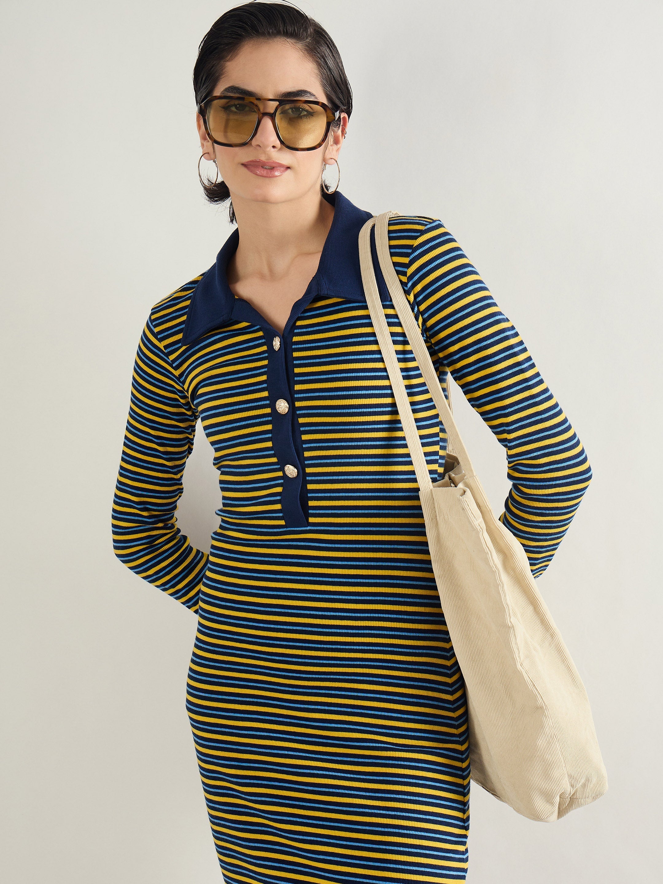 Women Yellow & Blue Stripe Full Sleeve Midi Dress-SFDRSS13284