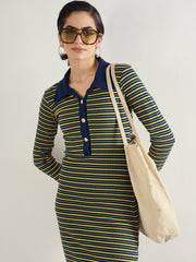 Women Yellow & Blue Stripe Full Sleeve Midi Dress-SFDRSS13284
