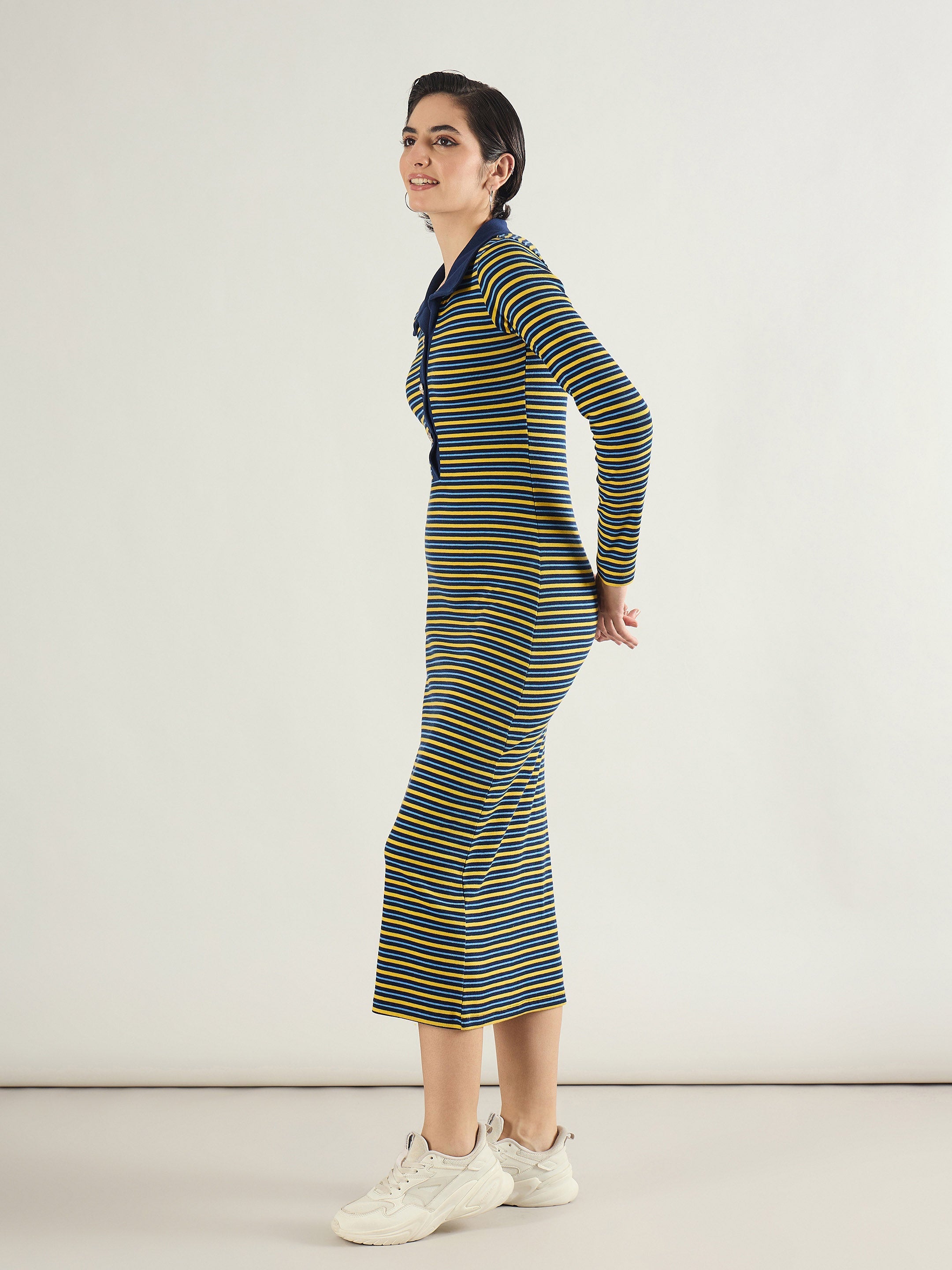 Women Yellow & Blue Stripe Full Sleeve Midi Dress-SFDRSS13284