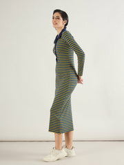 Women Yellow & Blue Stripe Full Sleeve Midi Dress-SFDRSS13284