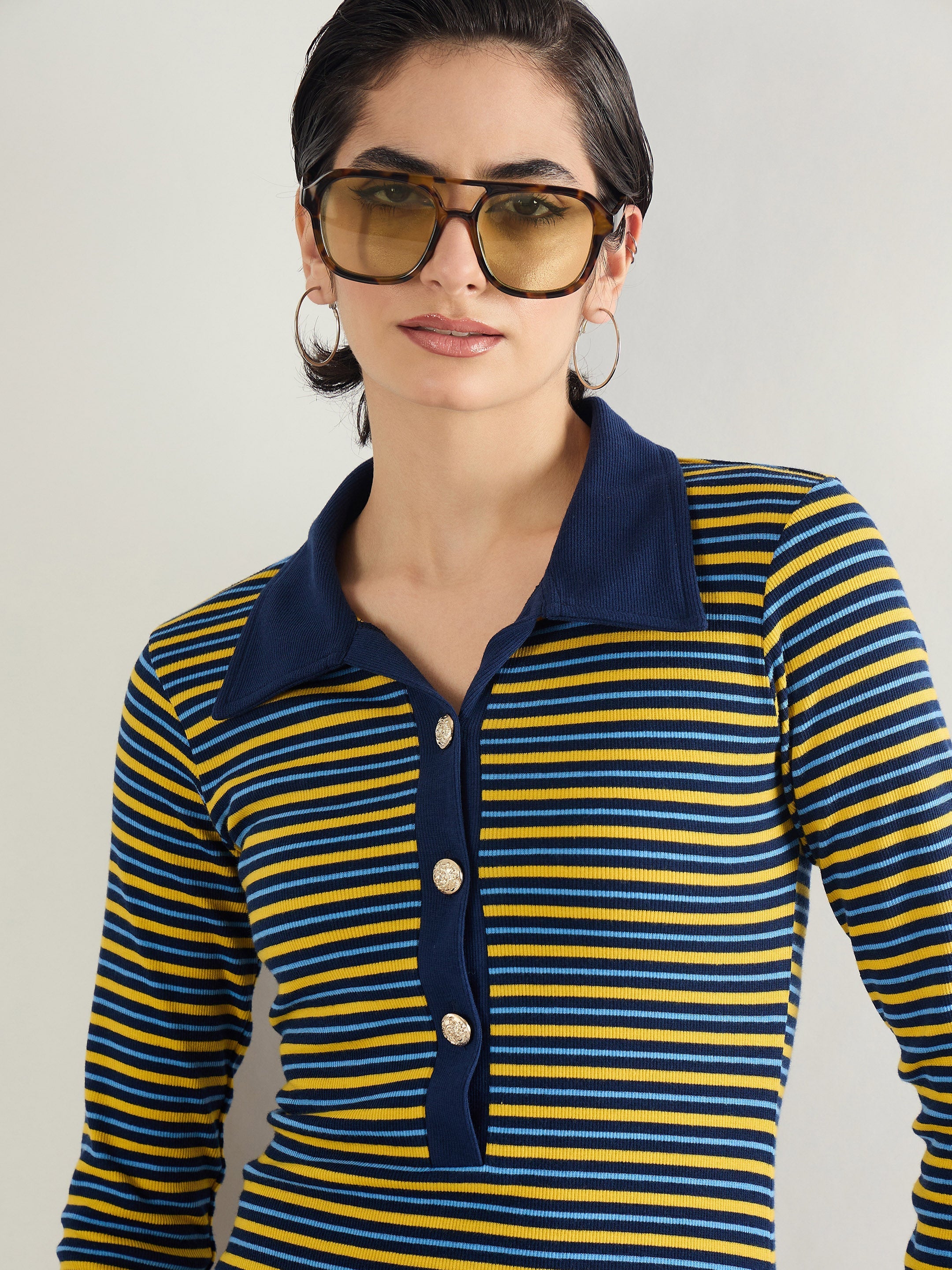 Women Yellow & Blue Stripe Full Sleeve Midi Dress-SFDRSS13284