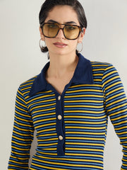 Women Yellow & Blue Stripe Full Sleeve Midi Dress-SFDRSS13284