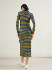 Women Yellow & Blue Stripe Full Sleeve Midi Dress-SFDRSS13284