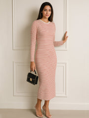 Women Red & Beige Striped Rib Bodycon Midi Dress-SFDRSS13285