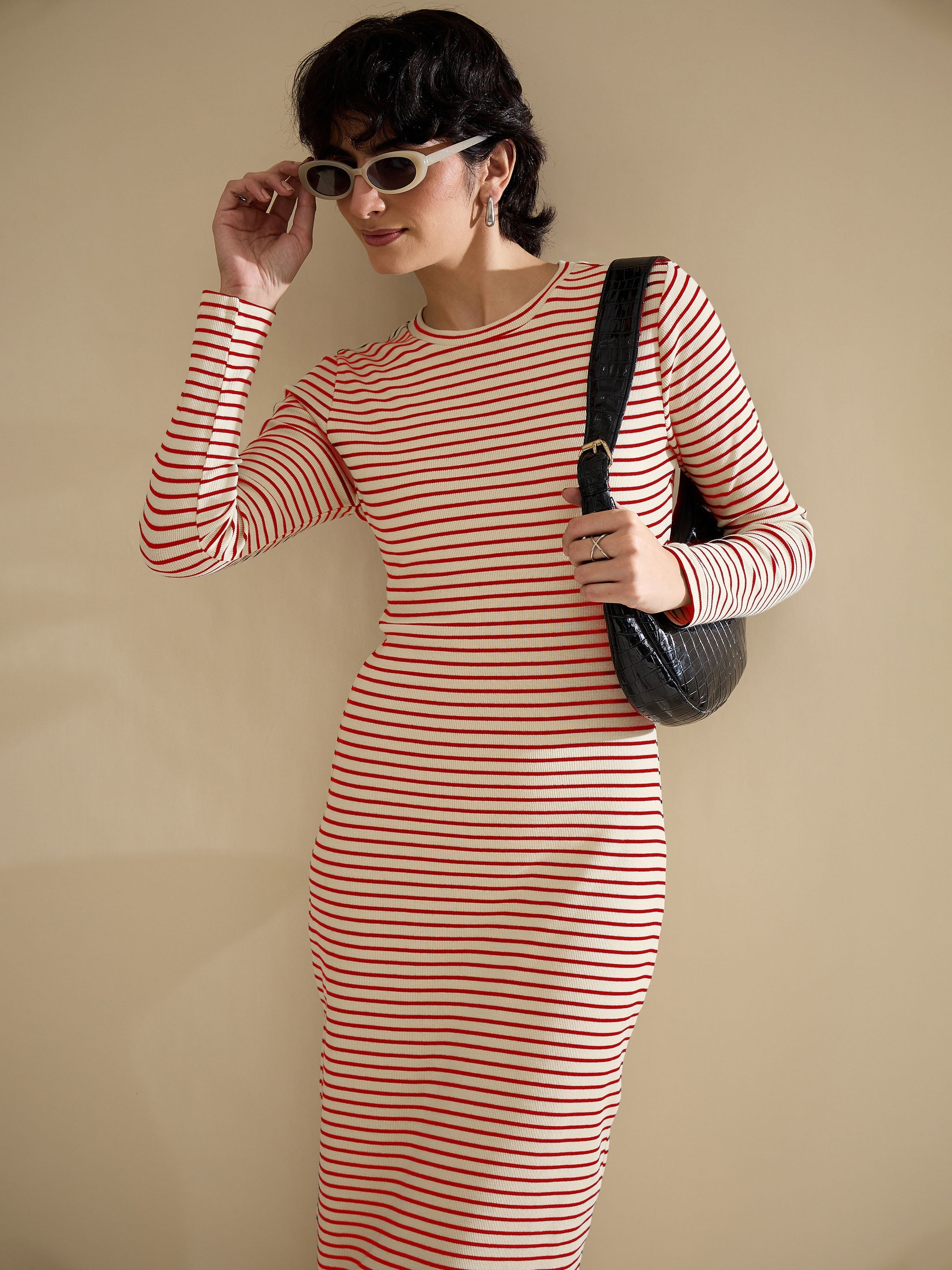 Women Red & Beige Striped Rib Bodycon Midi Dress-SFDRSS13285