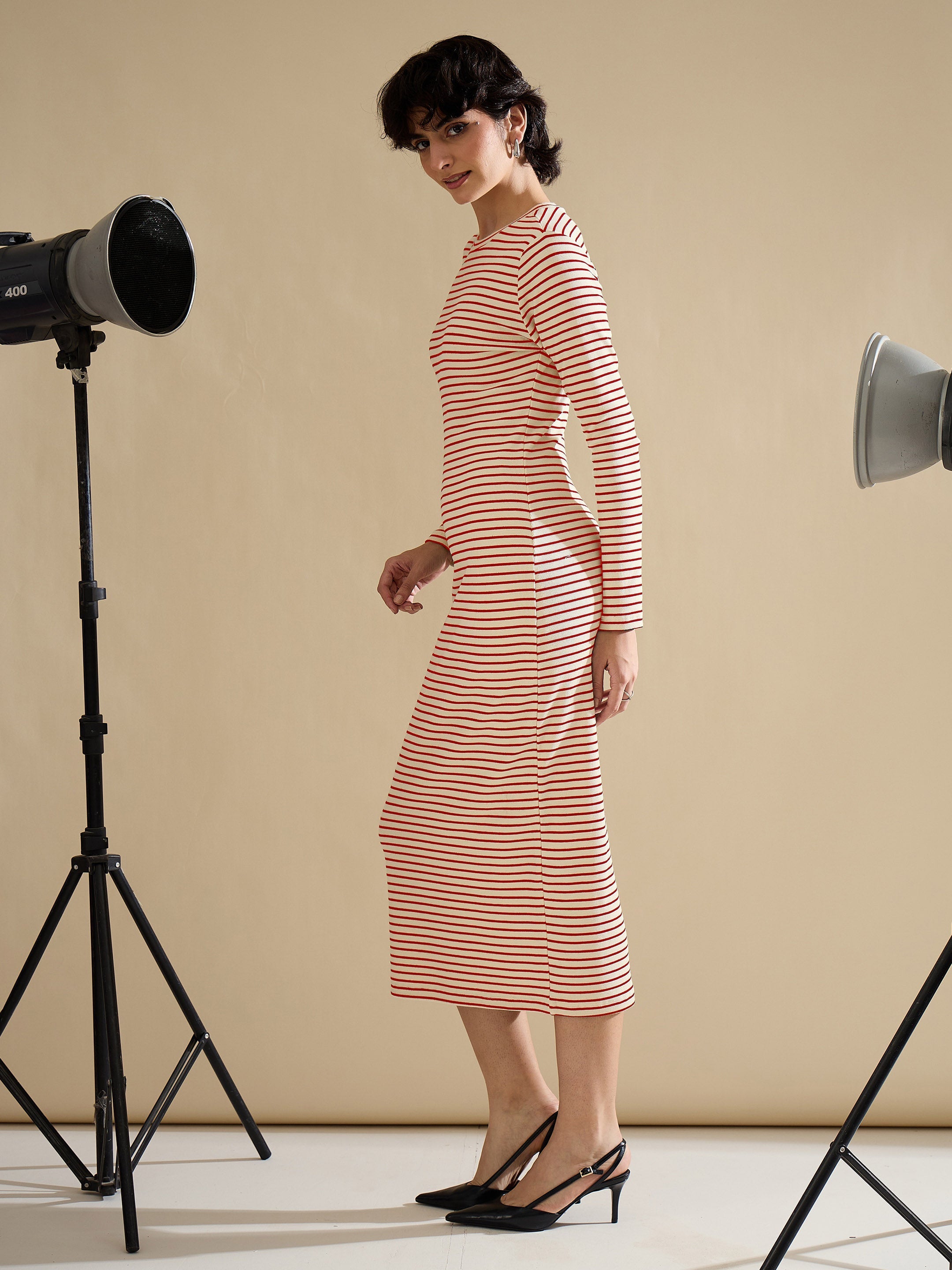 Women Red & Beige Striped Rib Bodycon Midi Dress-SFDRSS13285