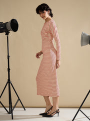 Women Red & Beige Striped Rib Bodycon Midi Dress-SFDRSS13285