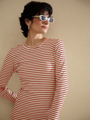 Women Red & Beige Striped Rib Bodycon Midi Dress-SFDRSS13285