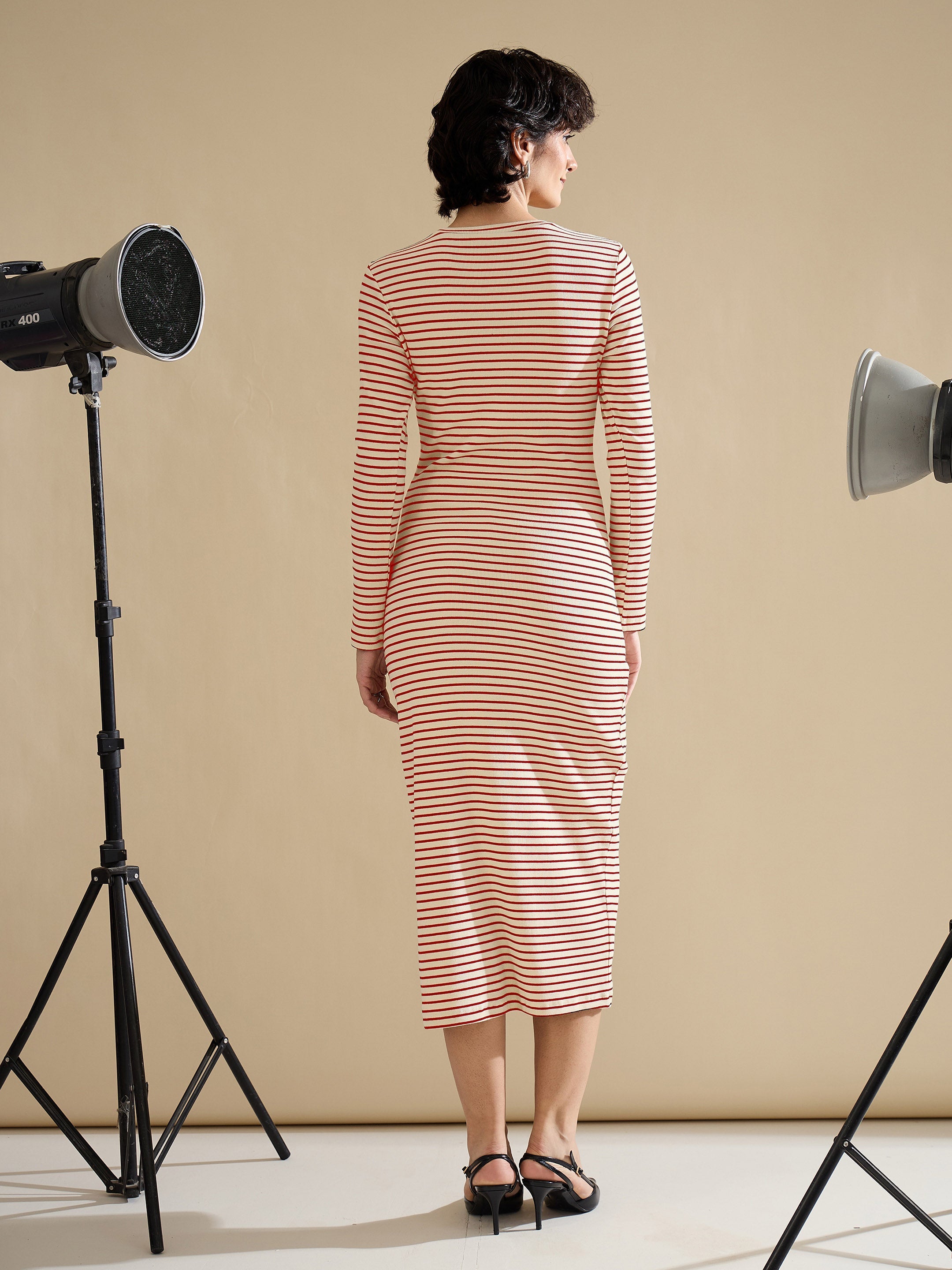 Women Red & Beige Striped Rib Bodycon Midi Dress-SFDRSS13285