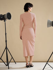 Women Red & Beige Striped Rib Bodycon Midi Dress-SFDRSS13285