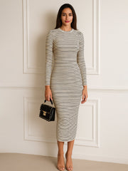 Women Black & Off-White Striped Rib Bodycon Midi Dress-SFDRSS13286