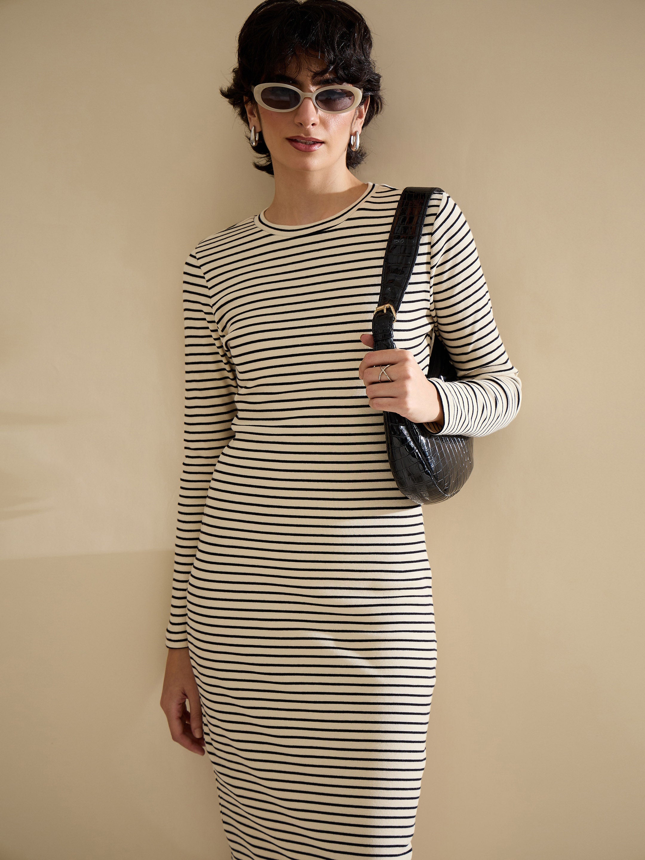 Women Black & Off-White Striped Rib Bodycon Midi Dress-SFDRSS13286