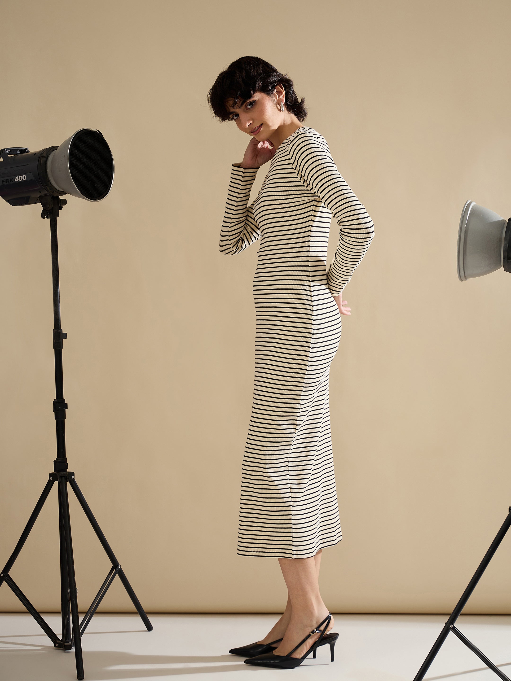 Women Black & Off-White Striped Rib Bodycon Midi Dress-SFDRSS13286
