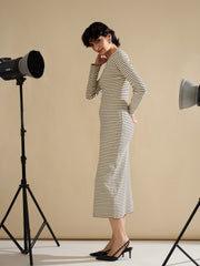 Women Black & Off-White Striped Rib Bodycon Midi Dress-SFDRSS13286