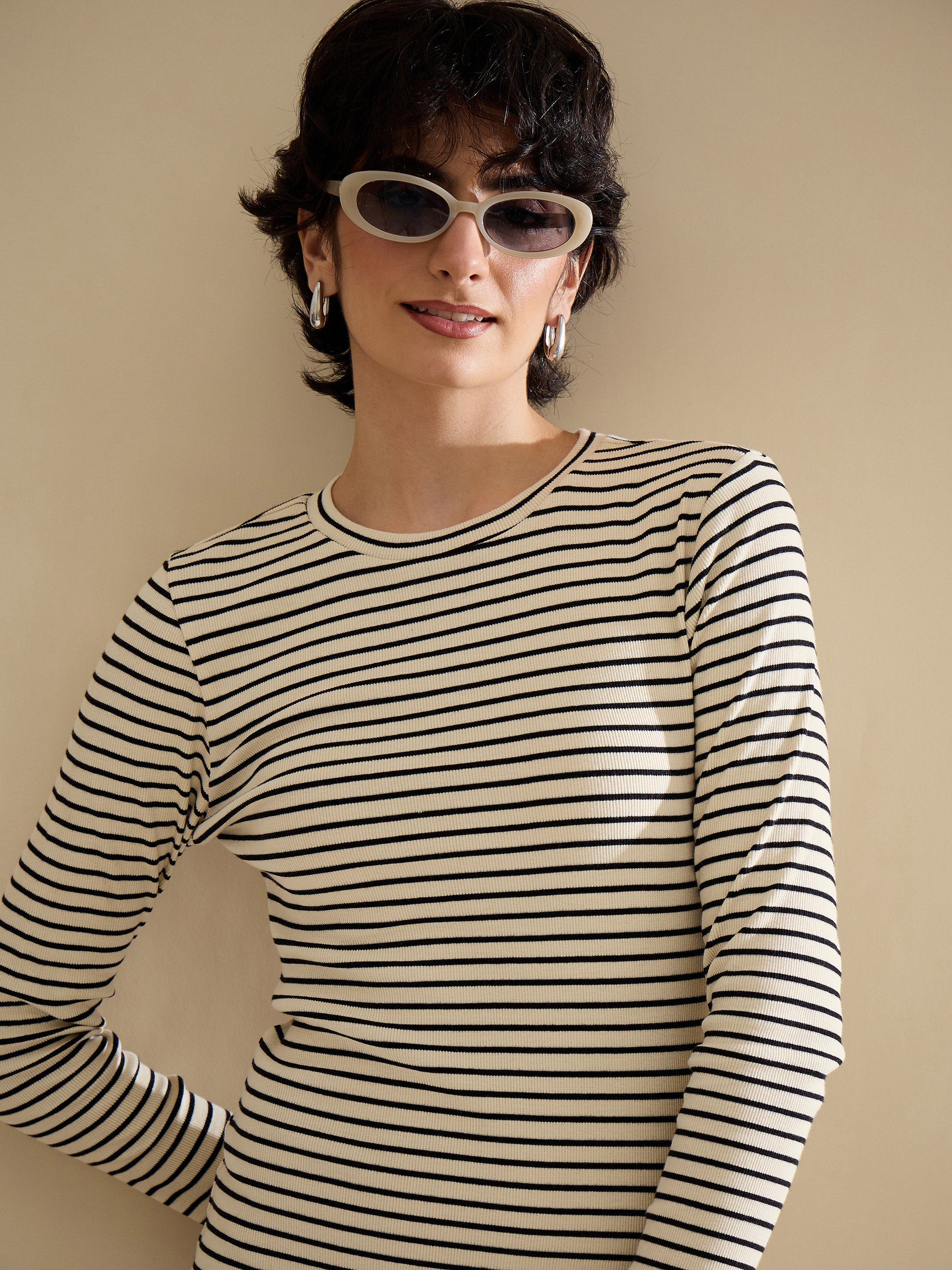 Women Black & Off-White Striped Rib Bodycon Midi Dress-SFDRSS13286