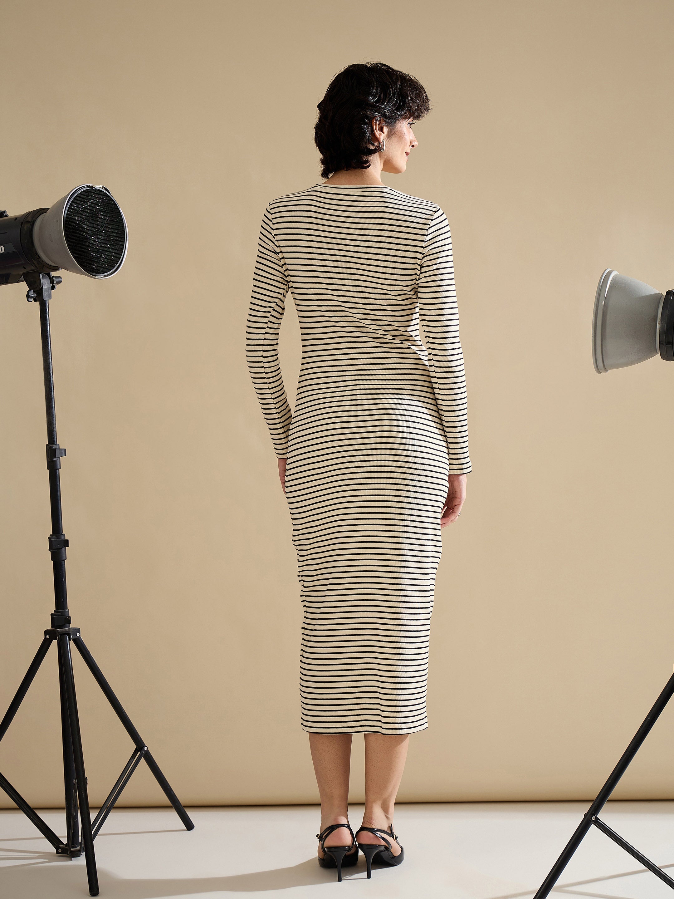 Women Black & Off-White Striped Rib Bodycon Midi Dress-SFDRSS13286