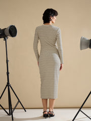 Women Black & Off-White Striped Rib Bodycon Midi Dress-SFDRSS13286