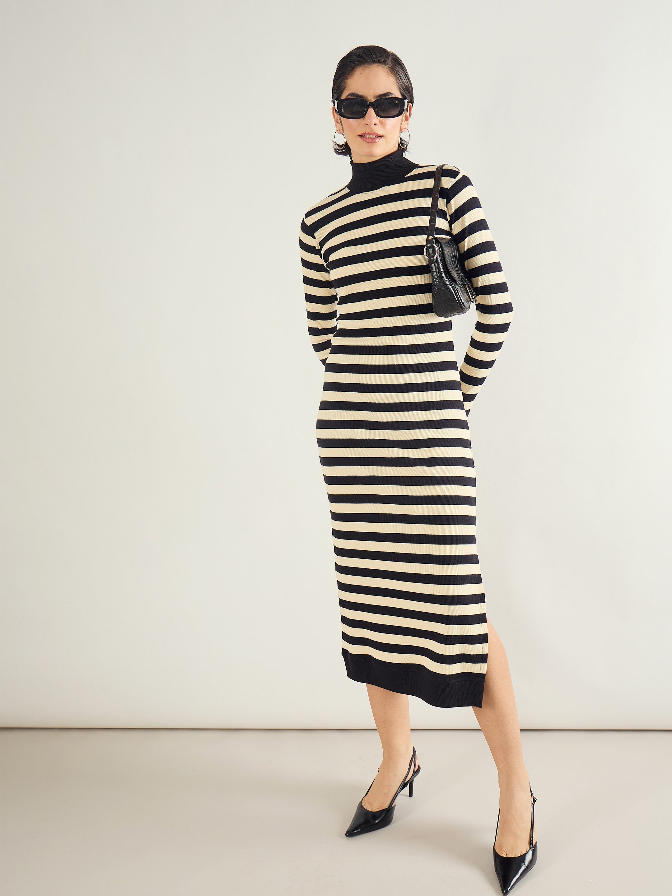 Women Black & Off-White Striped High Neck Midi Dress-SFDRSS13287