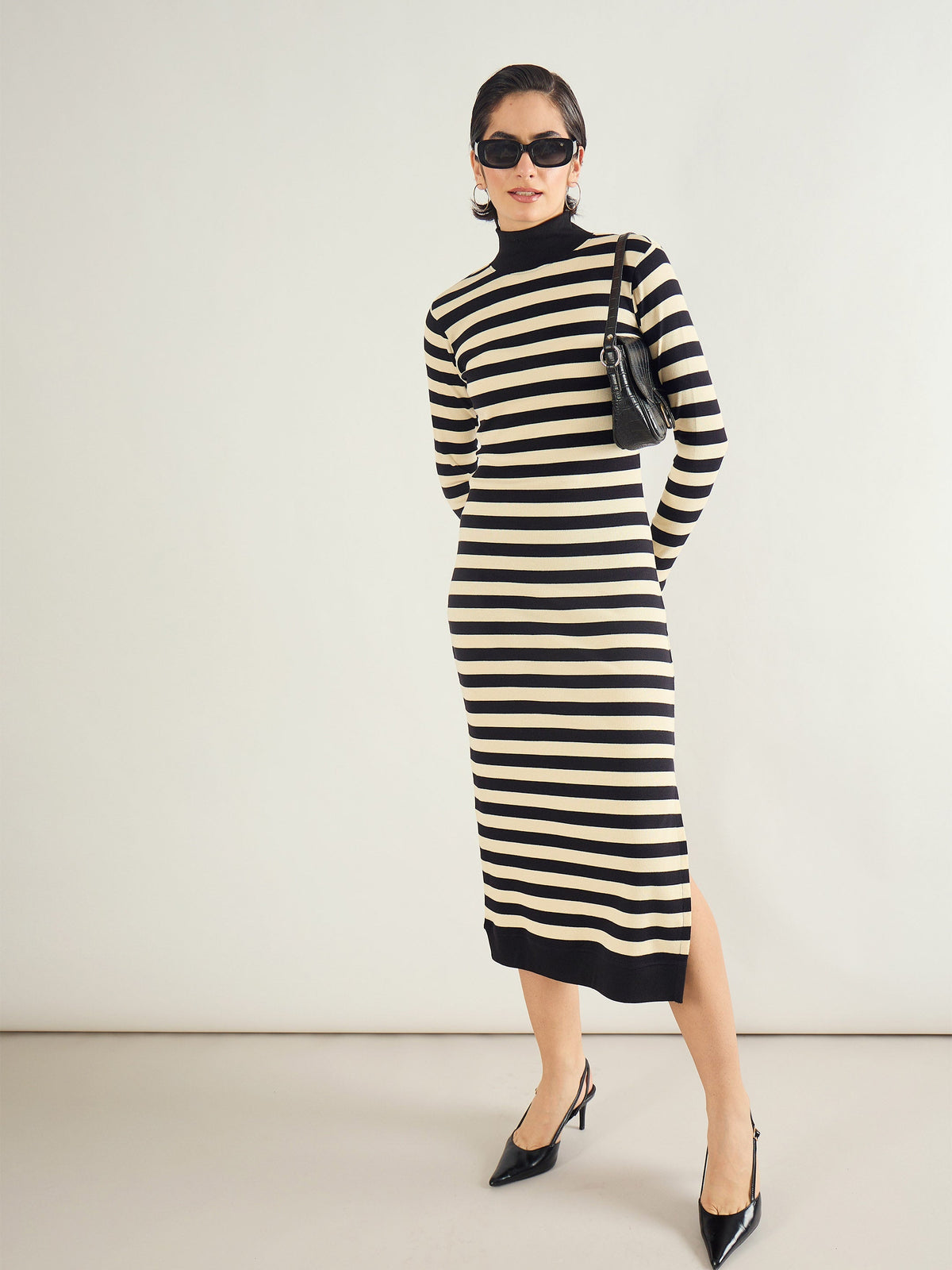 Women Black & Off-White Striped High Neck Midi Dress-SFDRSS13287