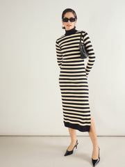 Women Black & Off-White Striped High Neck Midi Dress-SFDRSS13287